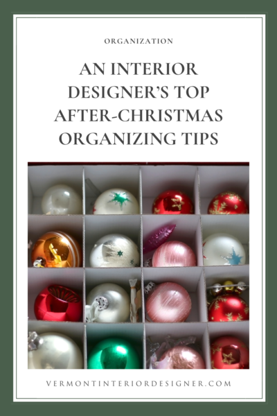 An interior designer's top after-christmas organizing tips with photo of organized ornaments in a box