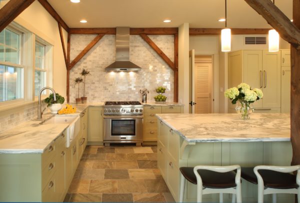 Kitchen in renovated barn with marble counters and Thermador appliances