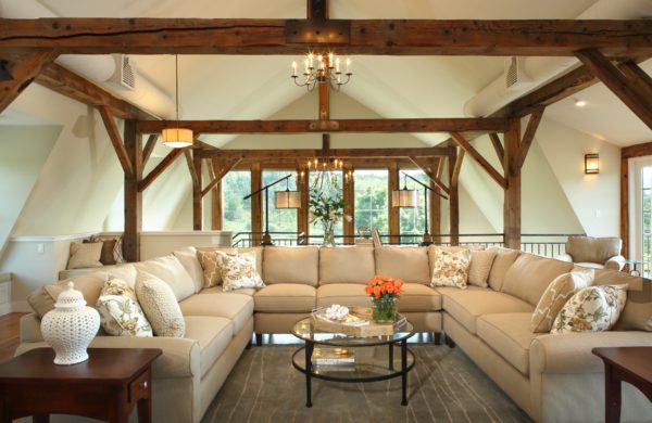 U shaped sectional in renovated barn Vermont ski house 